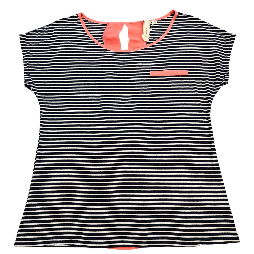 Robin-K Womens Medium Striped Cap Sleeve Top Navy Blue Coral Keyhole Back Blouse